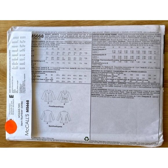 McCall # M5668 Jacket Sewing Pattern Size 8 - 20 sku 0279 UNCUT - Picture 3 of 4